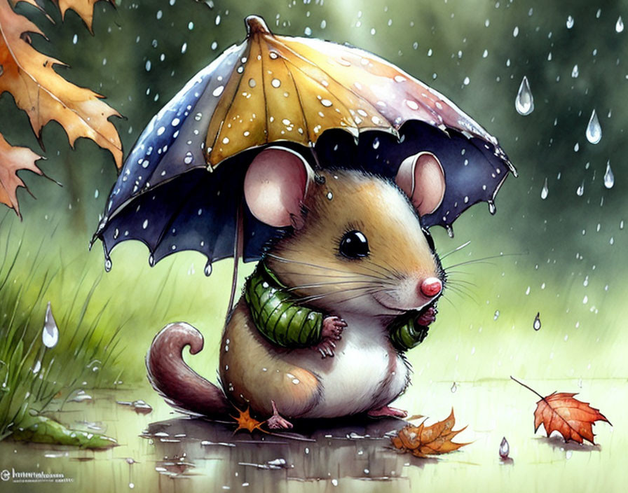 Illustrated mouse under multicolored umbrella in rain with green scarf, autumn leaves