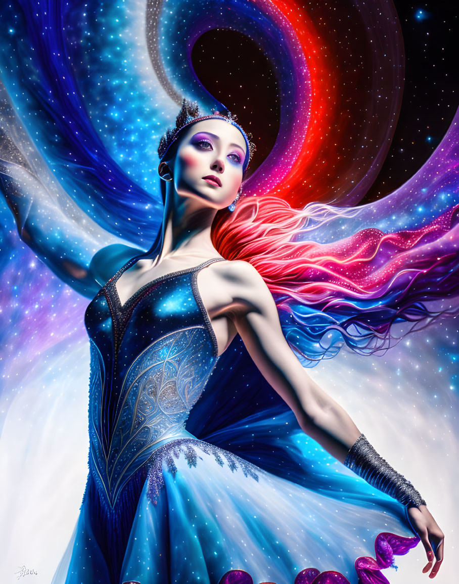 Vibrant red-haired woman in cosmic makeup and blue dress on galactic background