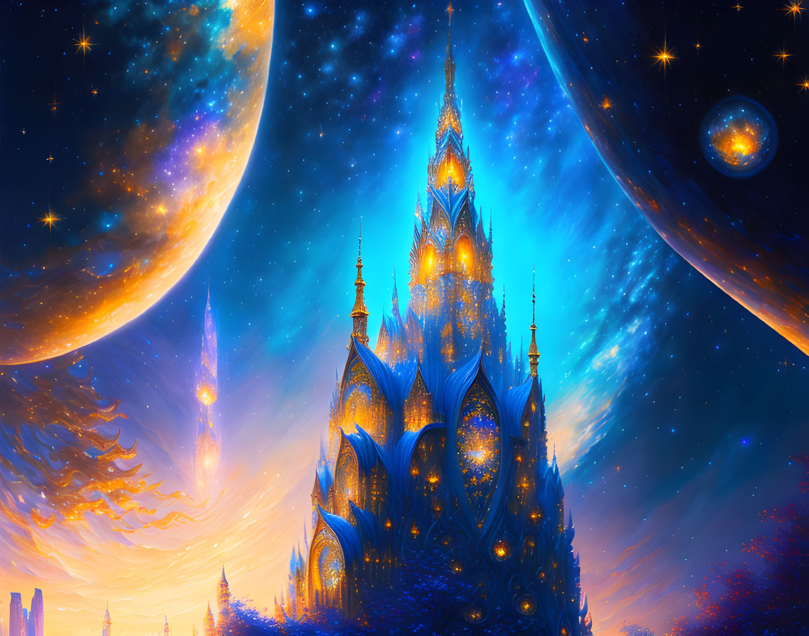 Fantasy castle under starry sky with colorful nebulae and planets