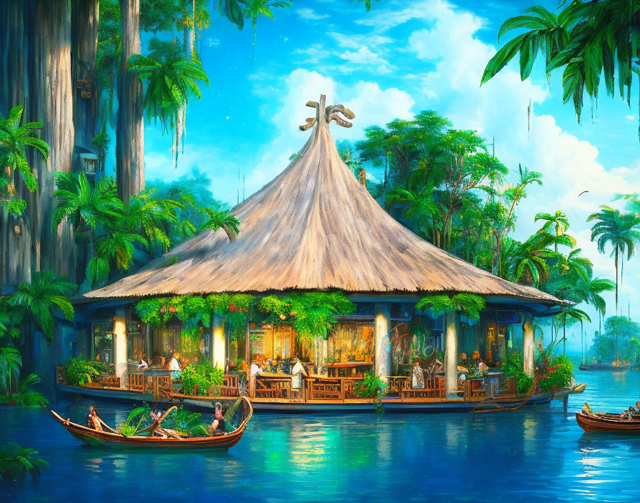 Colorful Tropical Painting: Thatched-Roof Hut on Water with Lush Greenery