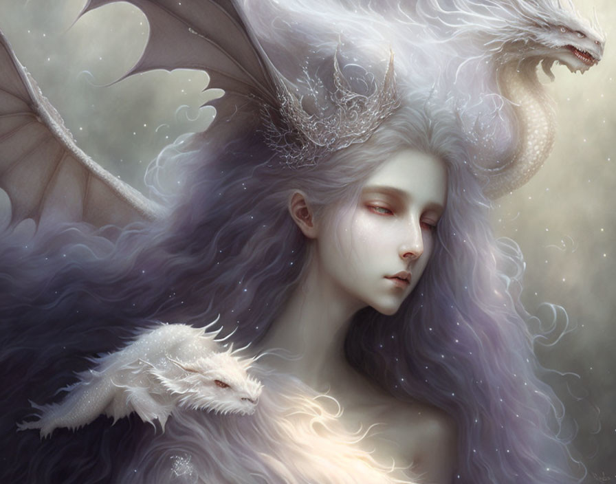 Portrait of a person with long wavy purple hair and a pale dragon on their shoulder