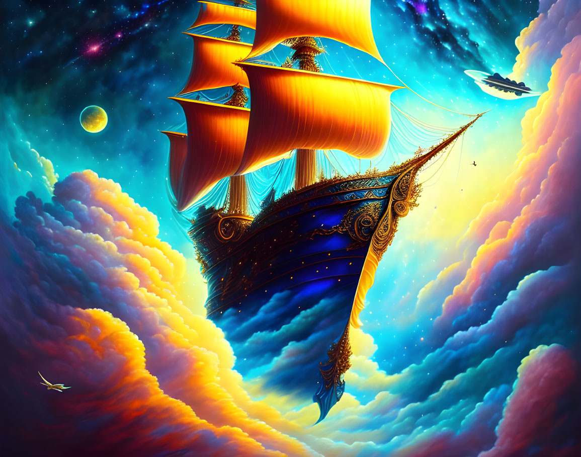 Majestic ship sailing through colorful sky clouds