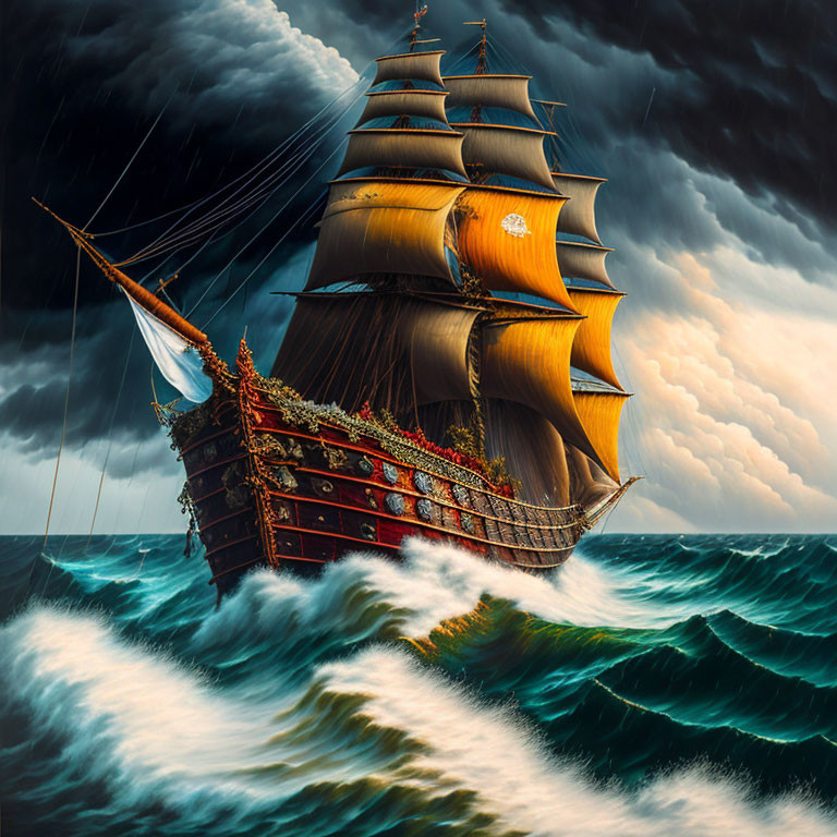 Tall ship with billowing sails in stormy ocean scene