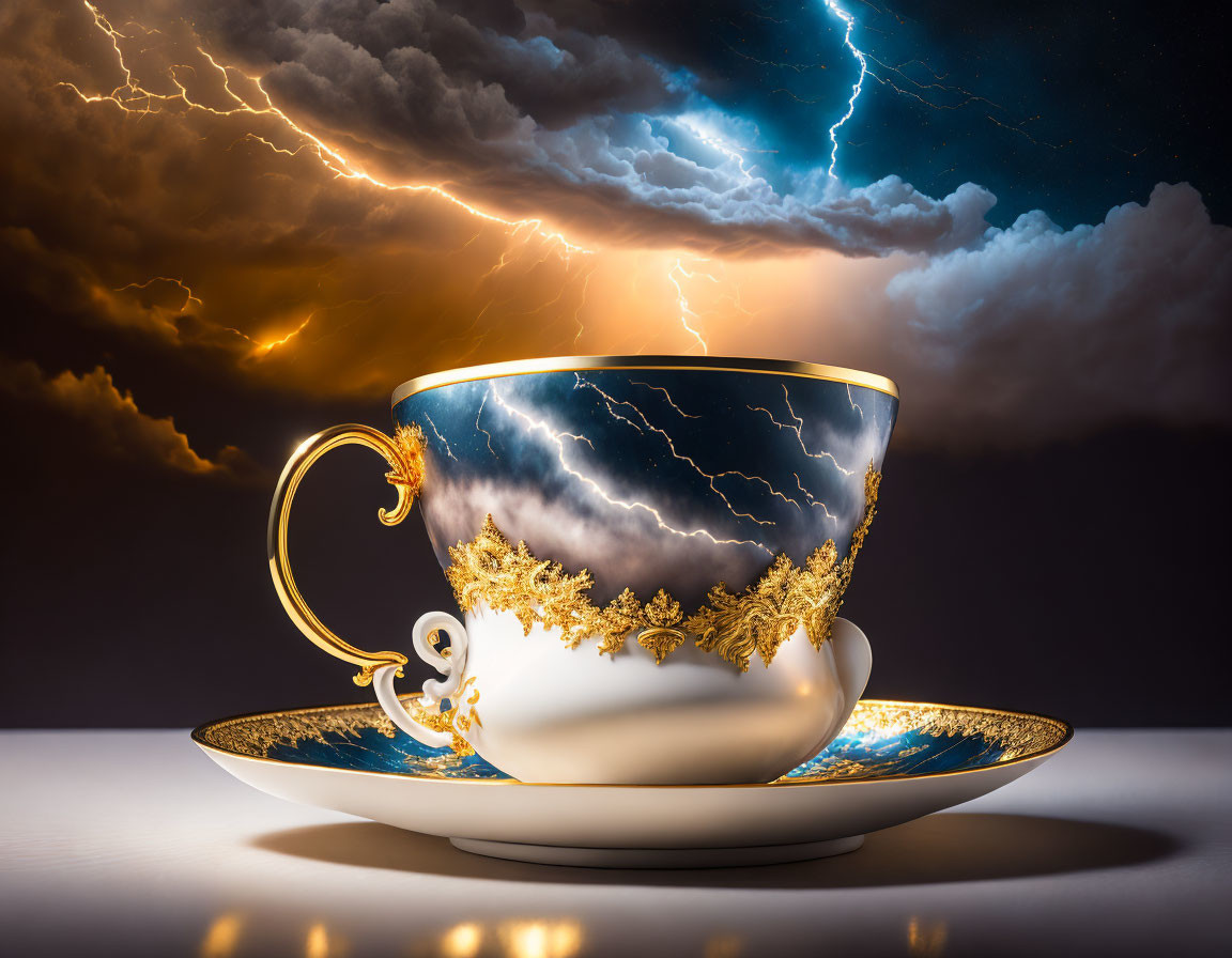 Gold-Trimmed Cup and Saucer Set Reflecting Stormy Sky and Lightning
