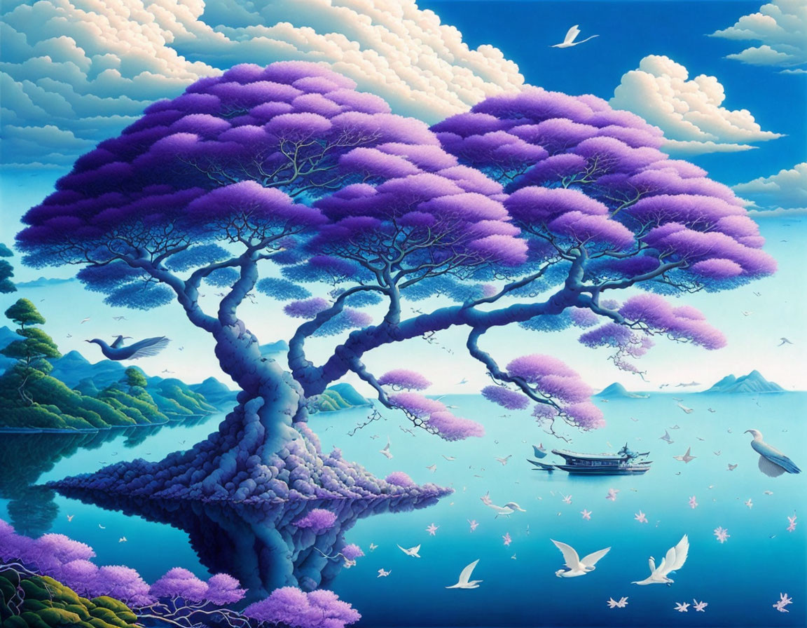 Majestic purple tree overlooking serene seascape with birds - Artwork