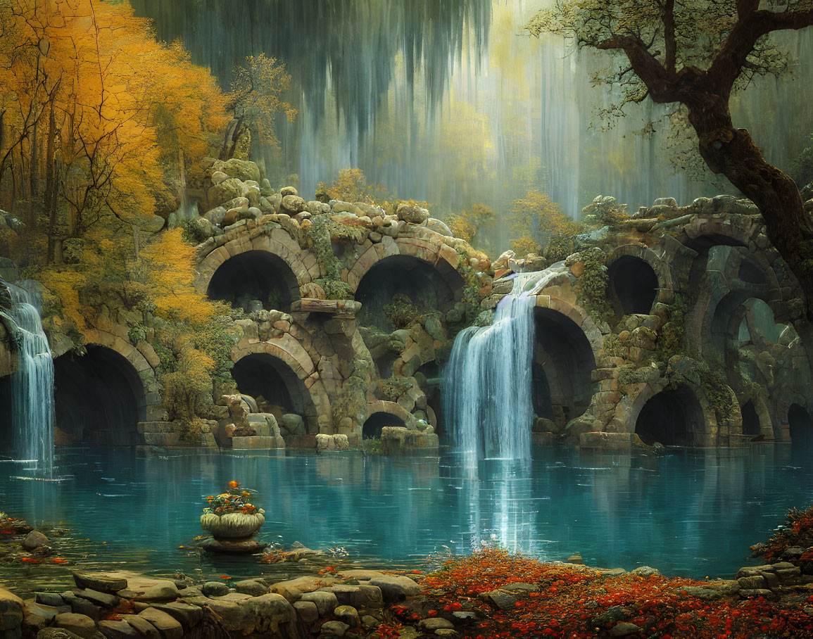 Tranquil autumn landscape with waterfall, stone bridge, and vibrant foliage