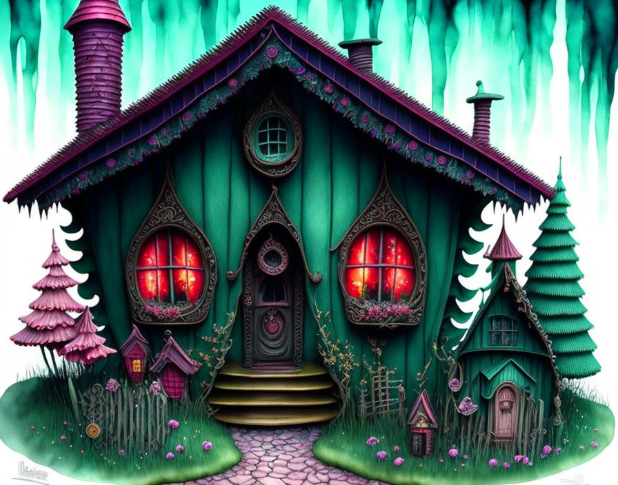 Fantasy Cottage Illustration with Glowing Red Windows