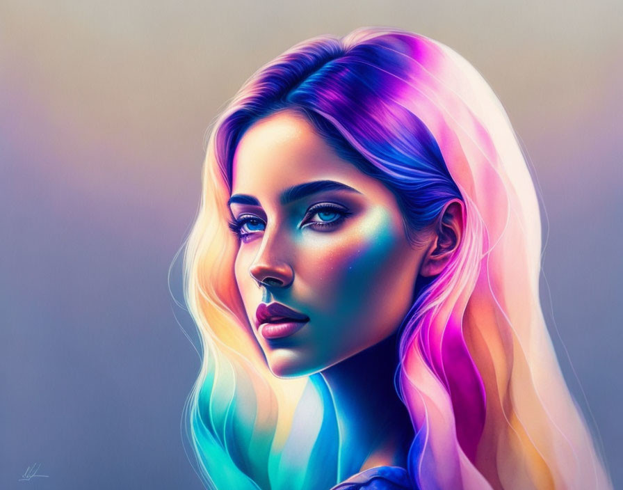 Multicolored neon glow illuminating woman's features