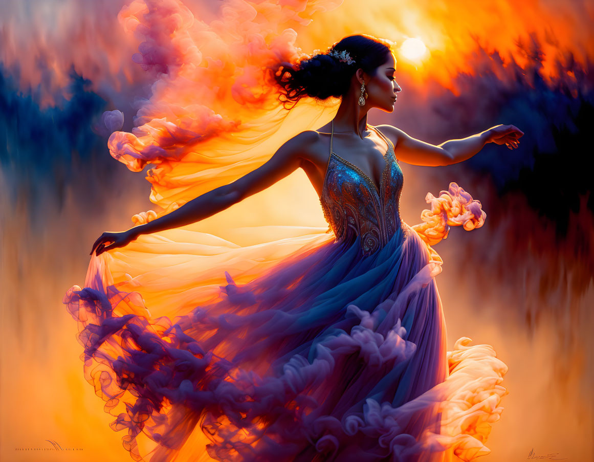 Elegant woman in dress dancing in vibrant orange and blue clouds