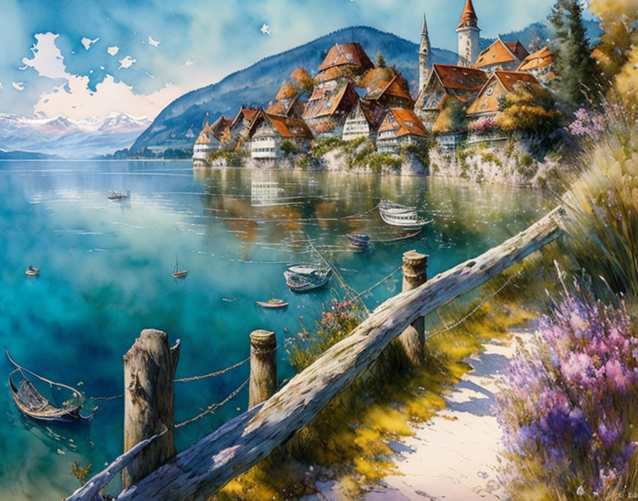 Scenic lakeside village with boats, church, mountains, birds, and foliage