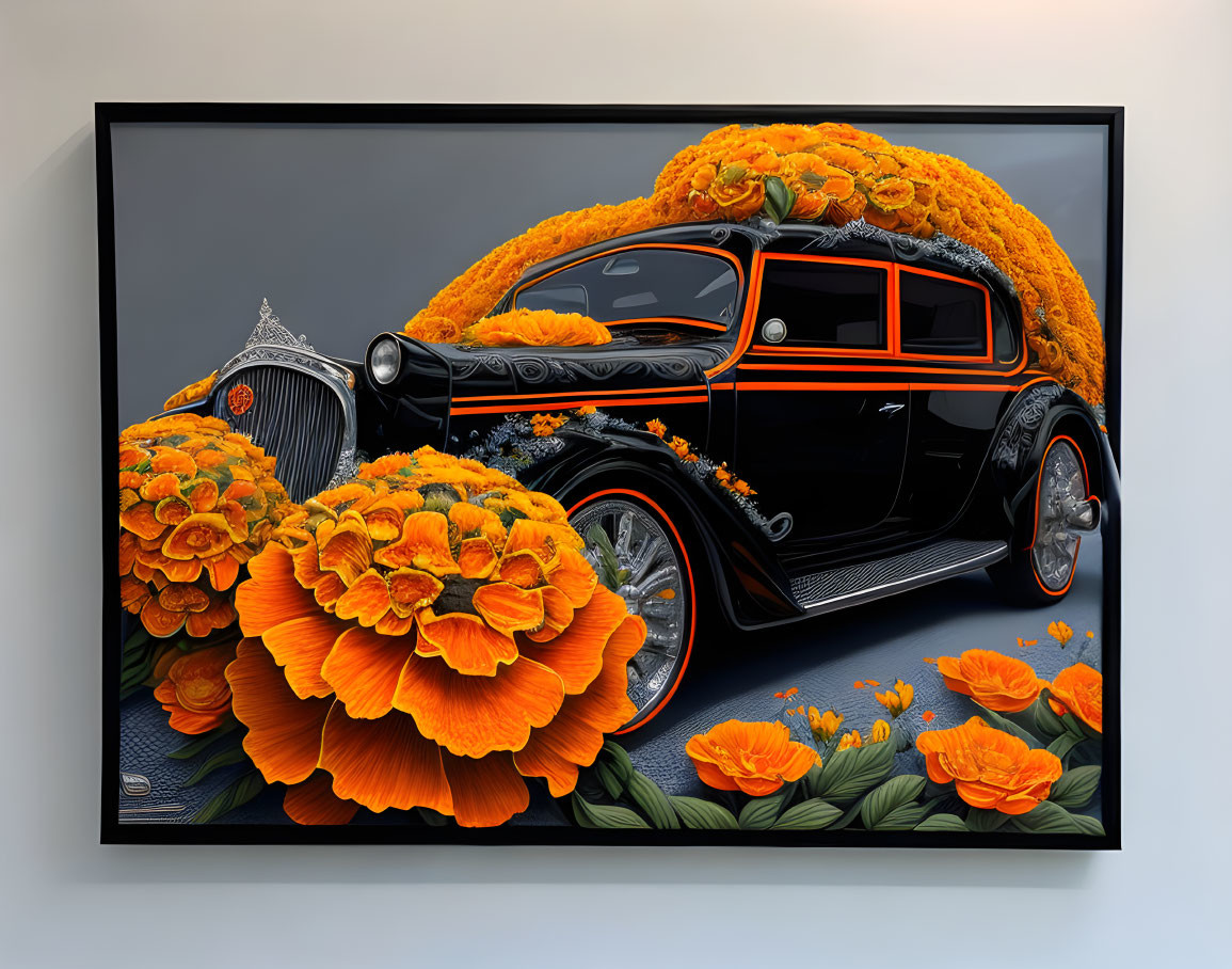 Framed digital artwork: Classic black car with vibrant orange flowers