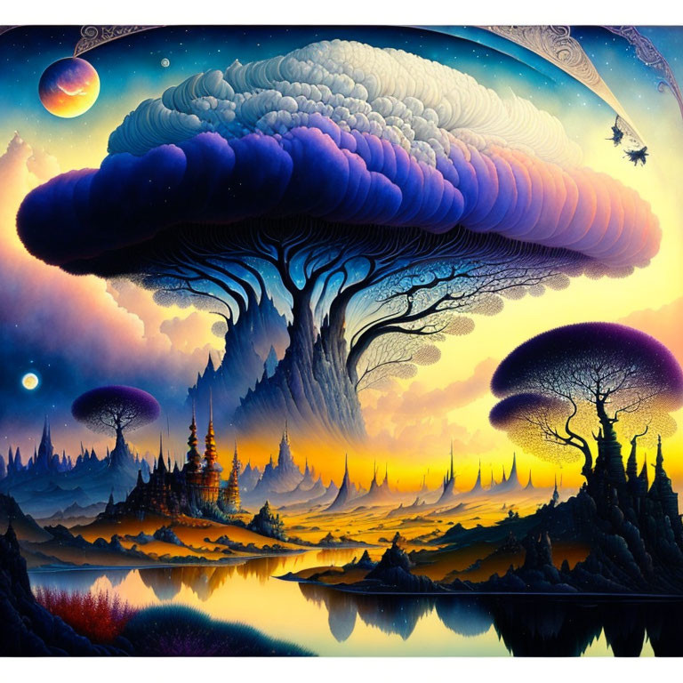 Fantasy landscape with mushroom-like trees, colorful sky, planets, and reflective water.