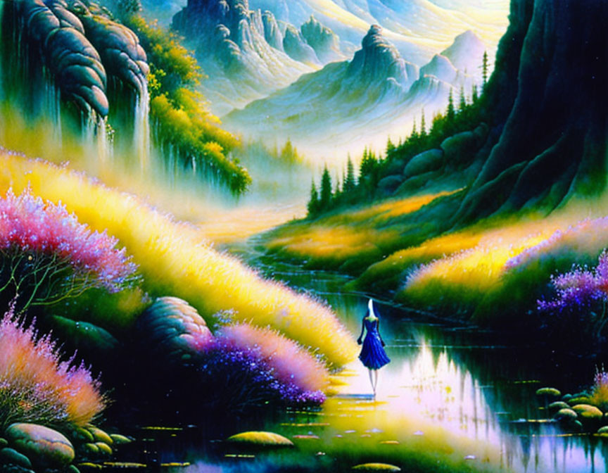 Colorful fantasy landscape with figure in blue dress by reflective water and misty mountains.