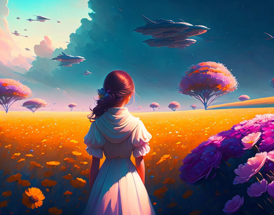 Girl in Blue Dress Observing Fantastical Sunset Landscape