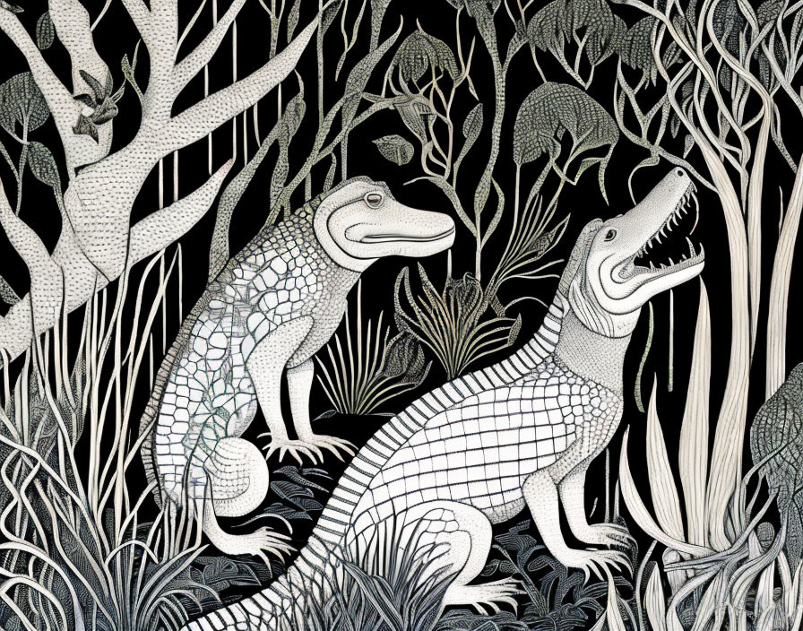 Detailed Black and White Illustration of Crocodiles and Deer in Forest