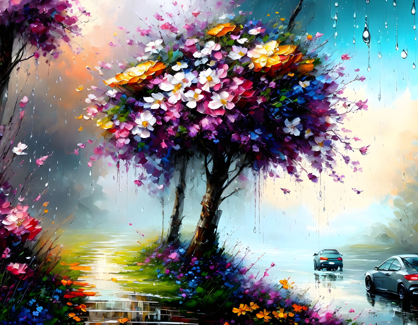 Colorful tree blooms by rainy street with car - nature and motion blend