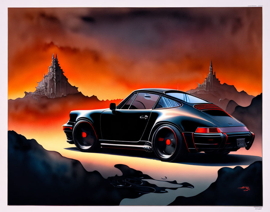 Vintage Porsche Car in Fantasy Landscape with Castles and Fiery Sky