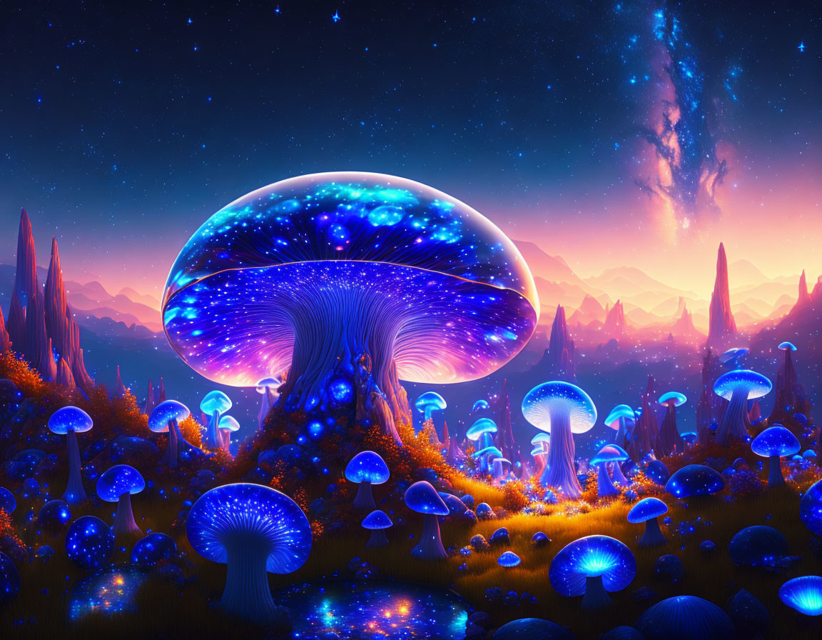 Fantasy landscape with luminescent mushrooms under starry sky