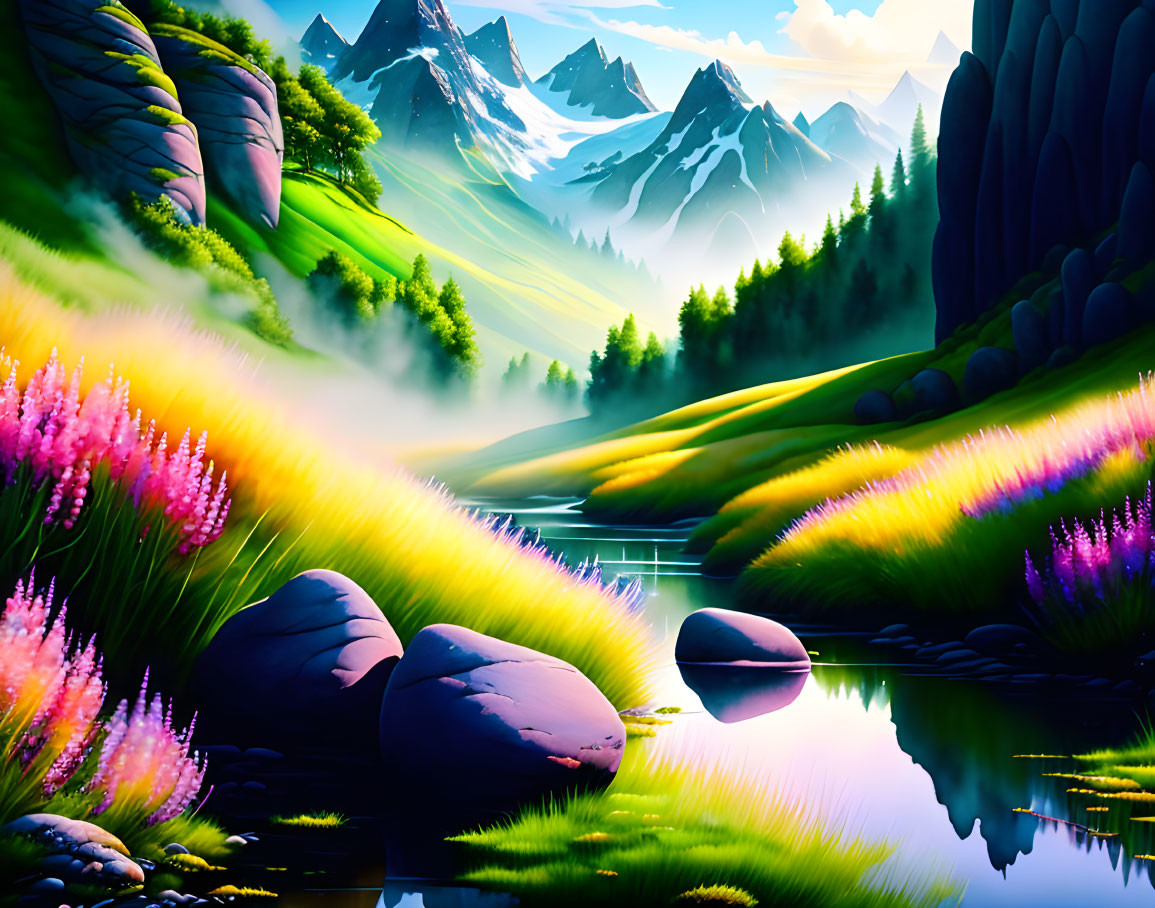 Colorful Flowers, Serene Lake, Misty Mountains: Stunning Landscape Scene