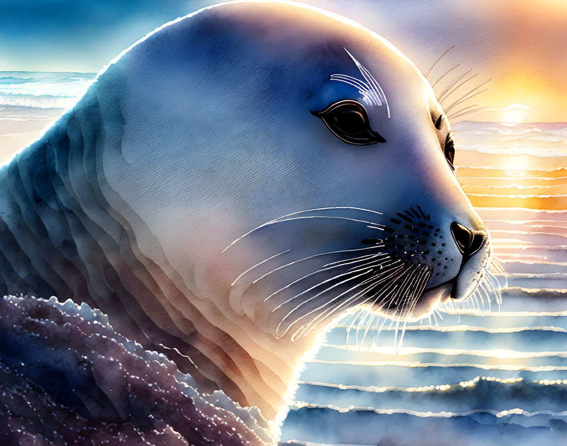 Seal's head close-up with ocean sunset background