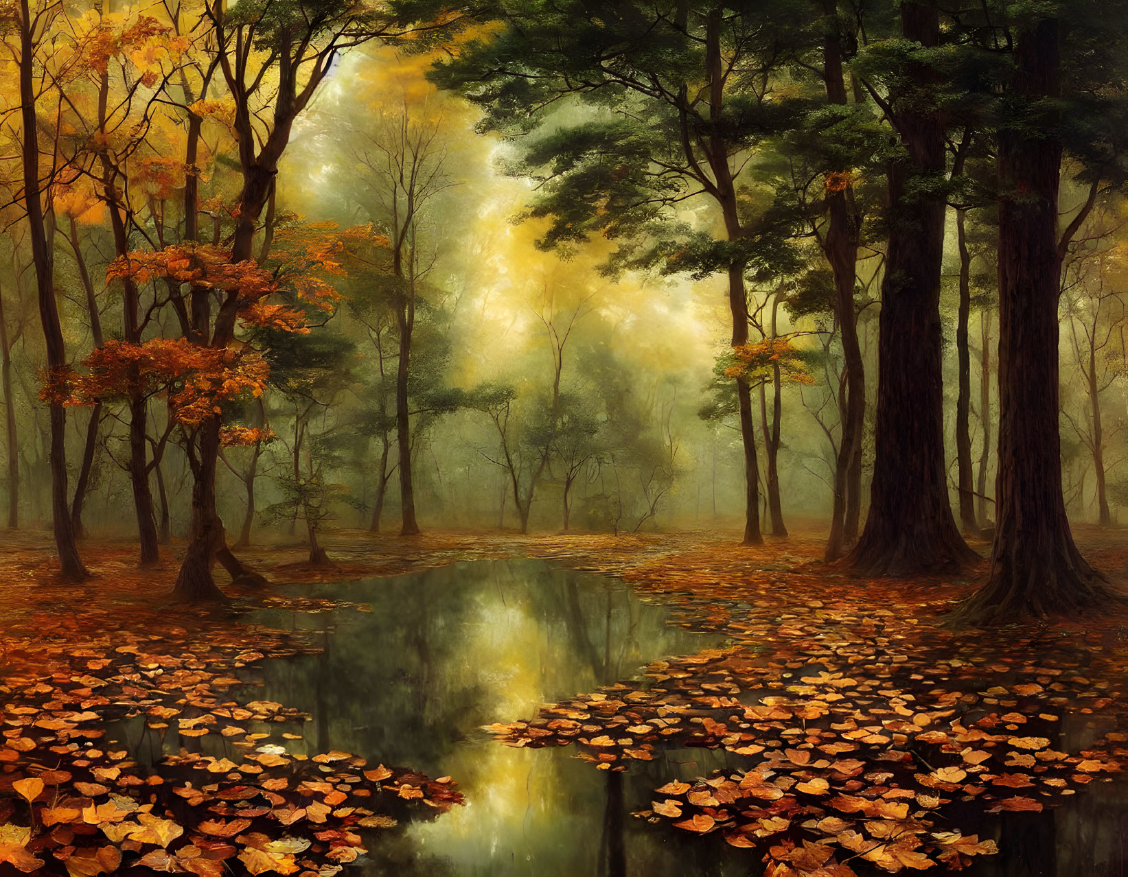 Tranquil Misty Autumn Forest with Golden Leaves and Stream