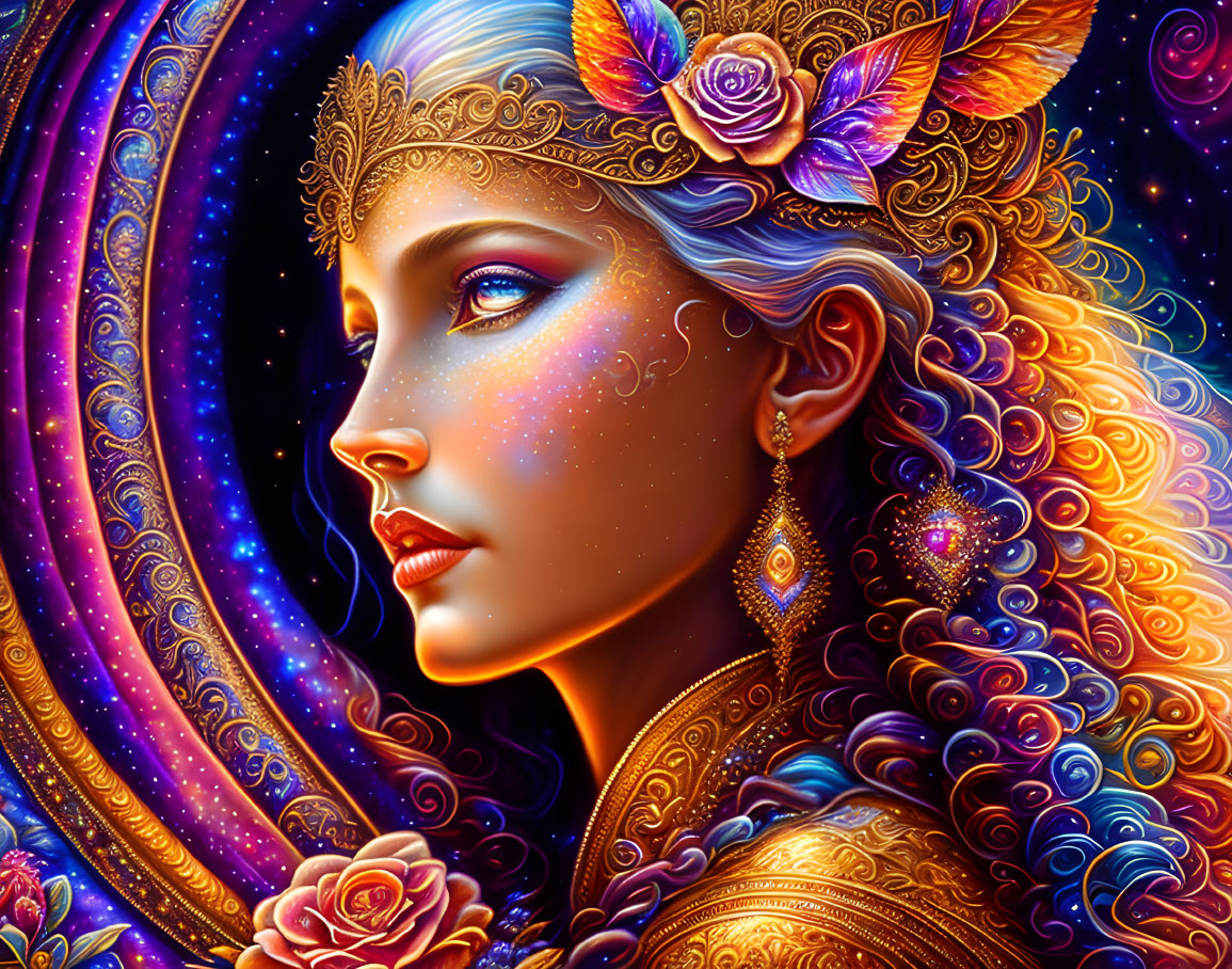 Digital artwork: Woman with golden jewelry in cosmic background