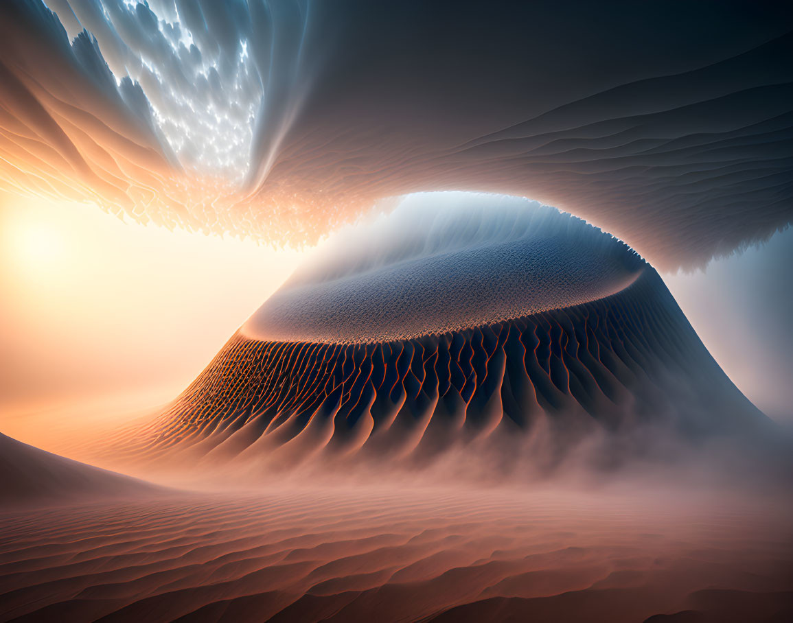 Surreal digital artwork of wavelike dune under orange sky