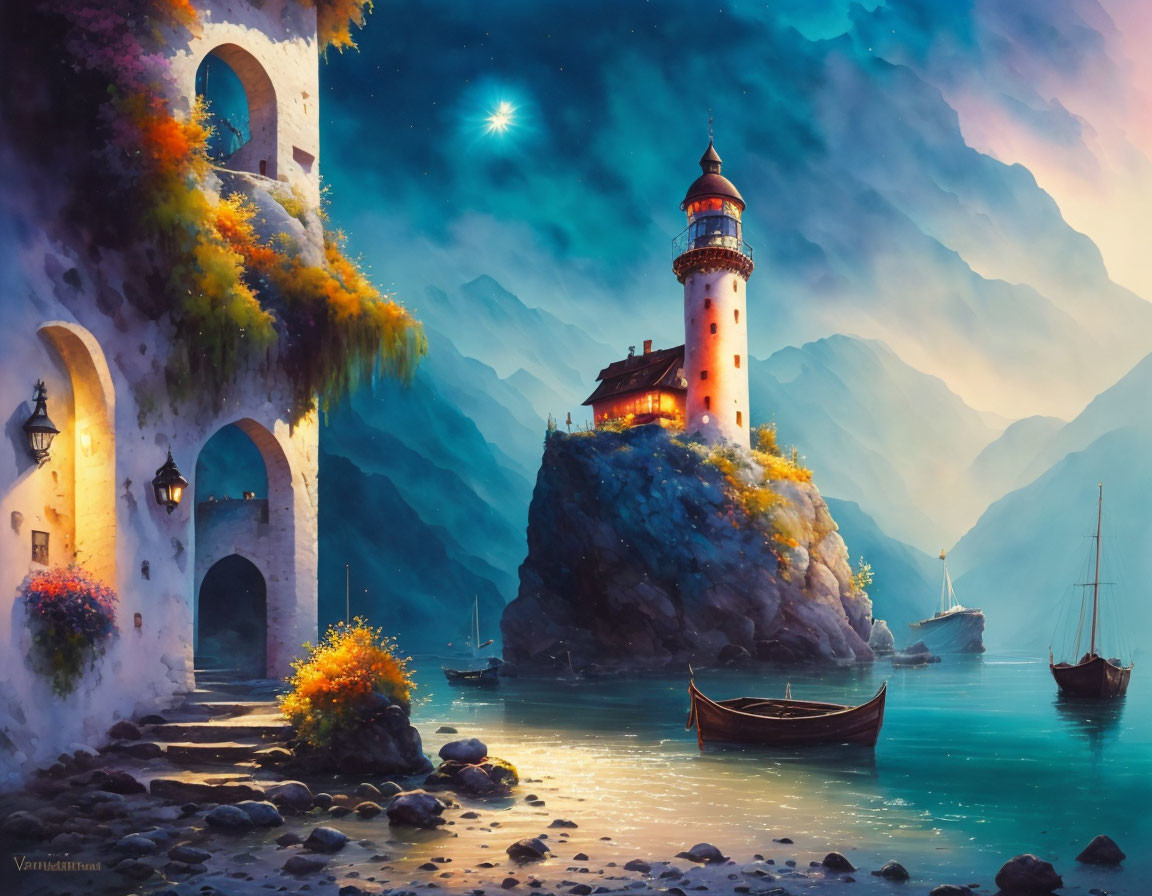 Tranquil fantasy harbor scene with lighthouse, boats, mountains, and starry sky