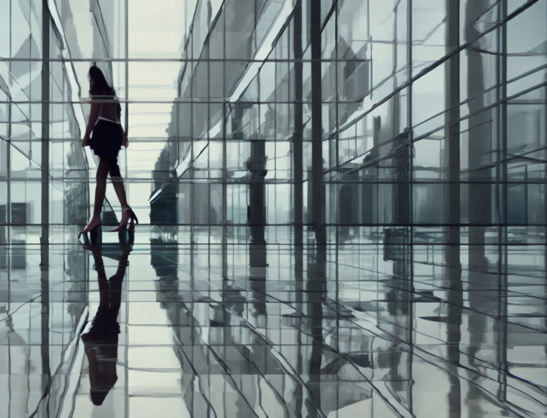 Woman walking in modern glass corridor with reflective floor