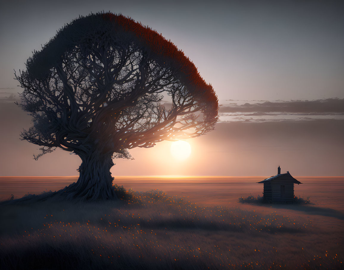 Twisted red tree by small hut at serene sunset