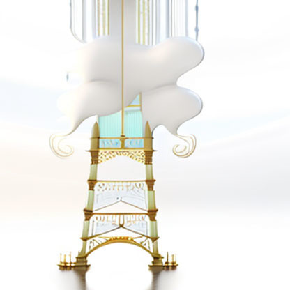 Eiffel Tower artwork with fluffy clouds and golden accents