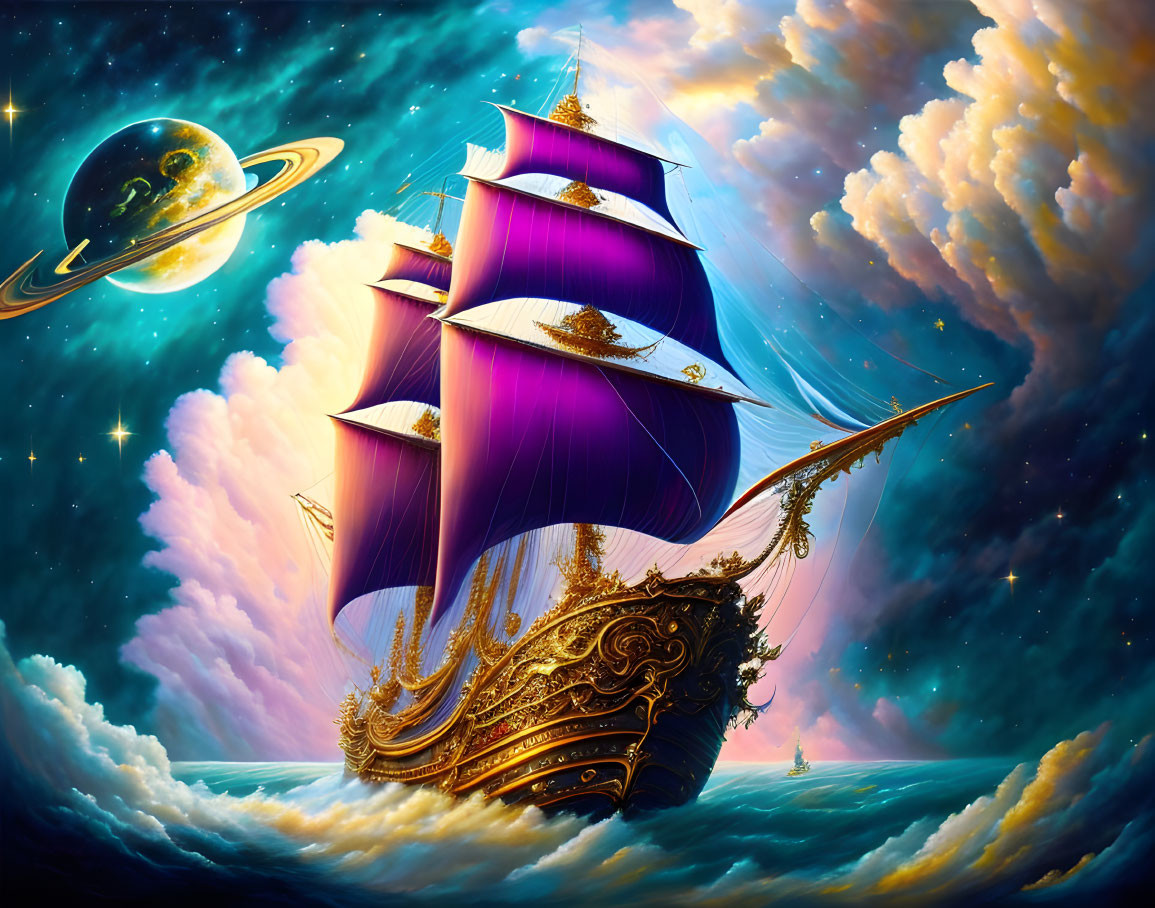 Fantastical ship with purple sails in starry sky with ringed planet