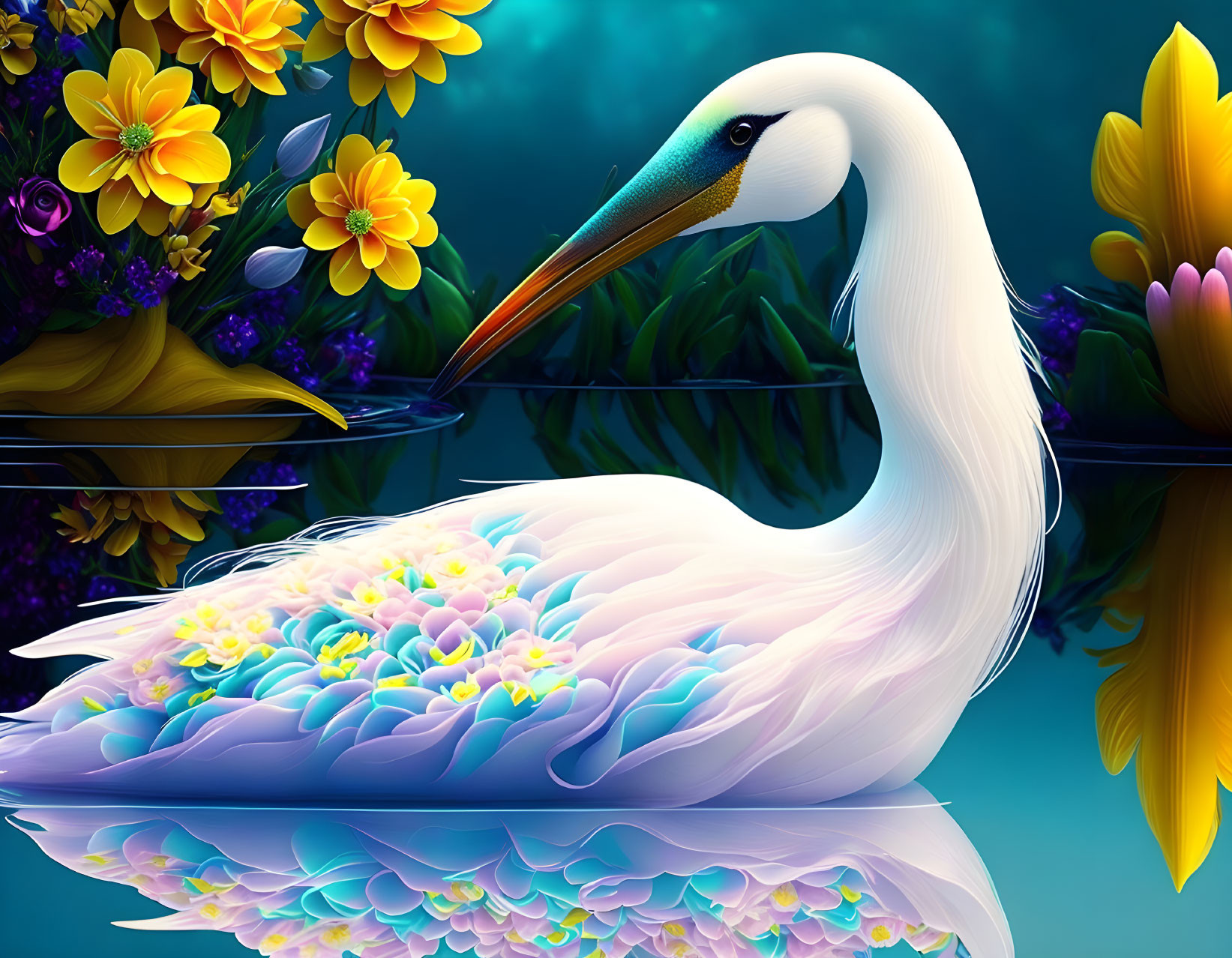 Colorful Digital Art: White Swan with Multicolored Feathers Amidst Flowers