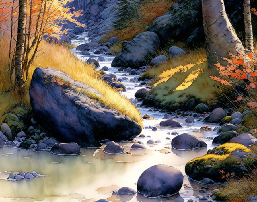 Tranquil stream in rocky autumn forest with reflections