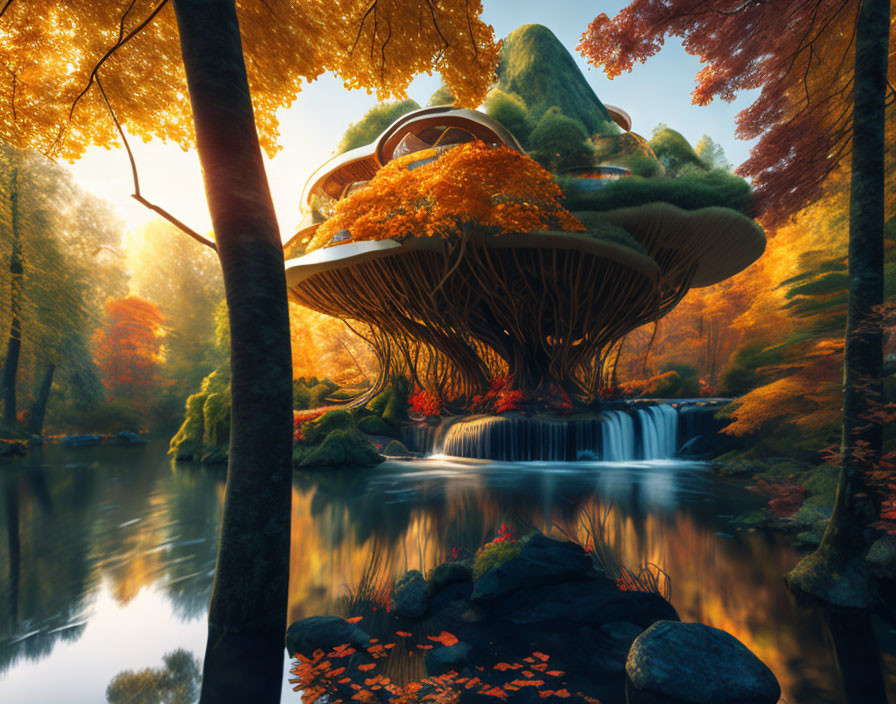 Futuristic building in autumn forest with waterfall