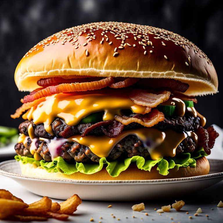 Double-layered cheeseburger with bacon, lettuce, cheese, and sauce on sesame bun with fries