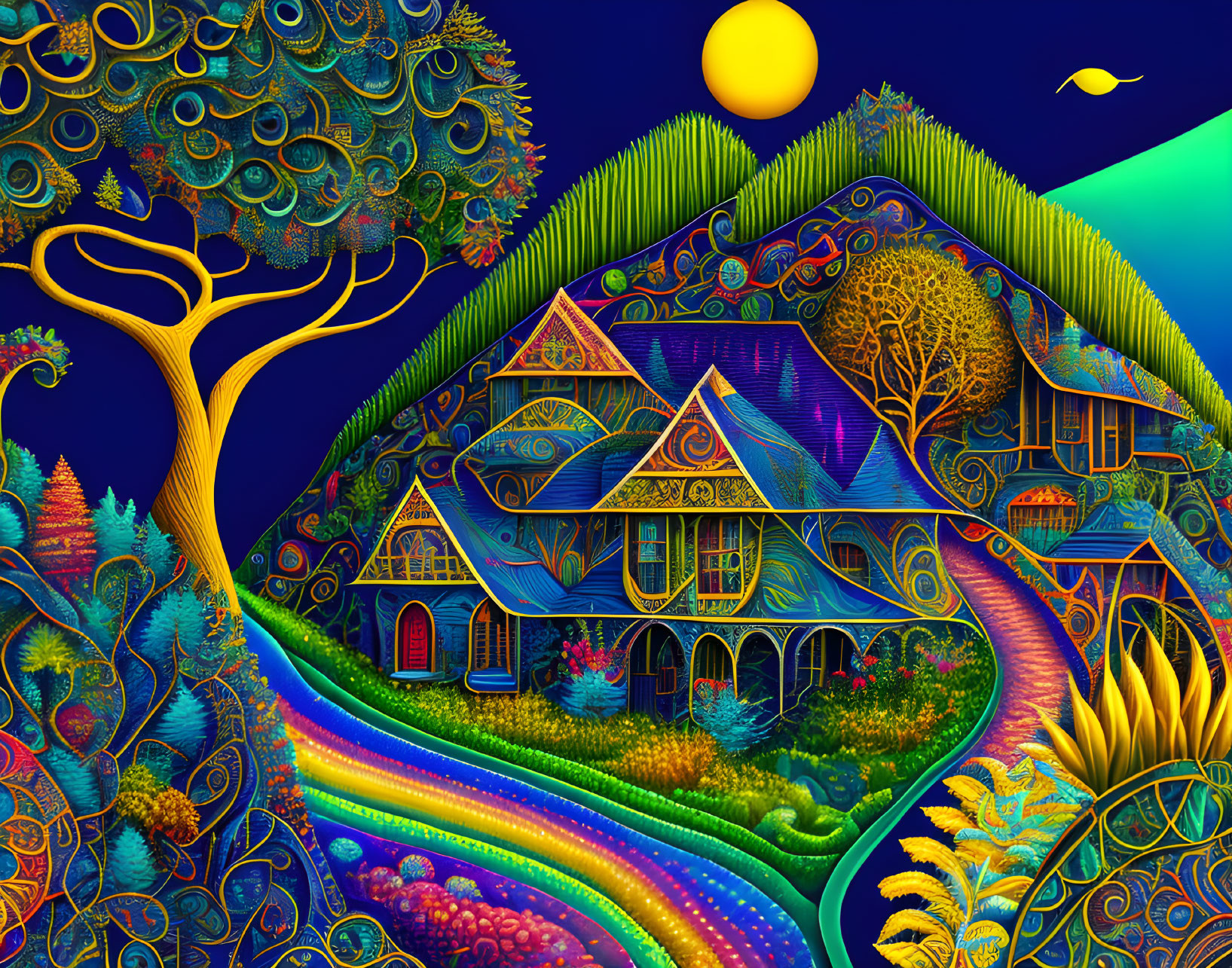 Colorful Psychedelic Artwork: Whimsical Landscape with Patterned House