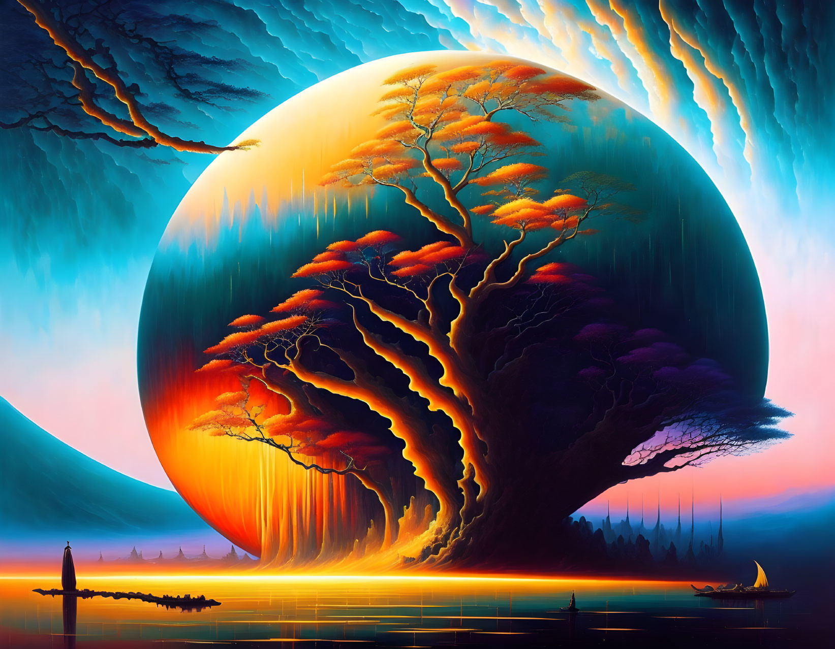 Colossal autumn tree and giant moon in surreal artwork