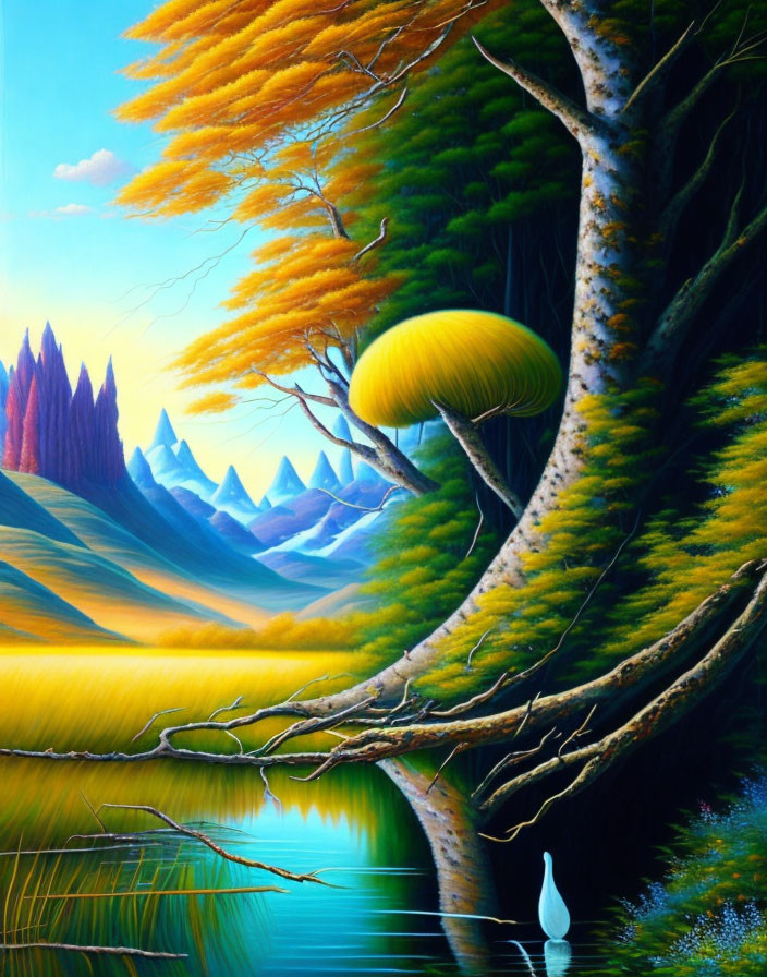 Colorful Surreal Landscape Painting with White Bird and Mushroom