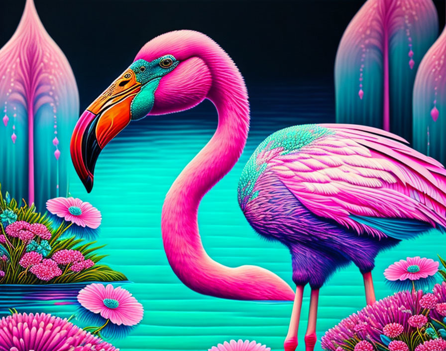 Colorful digital art: Pink flamingo with detailed feathers in fantastical flora on teal background