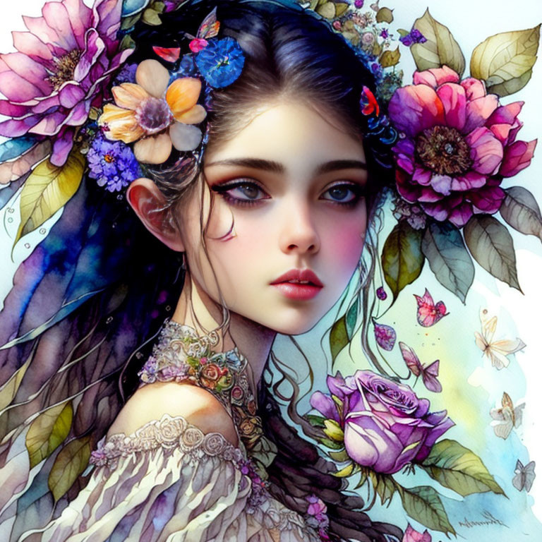 Ethereal young woman with floral adornments and butterflies in fantasy illustration