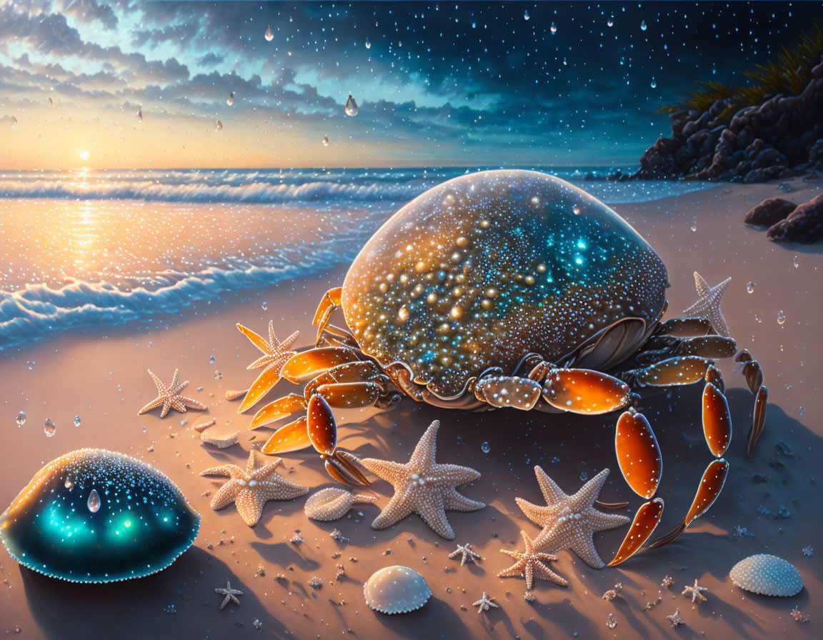 Celestial crab with star-filled shell on twilight beach surrounded by starfish, pearls, and cosmic ocean