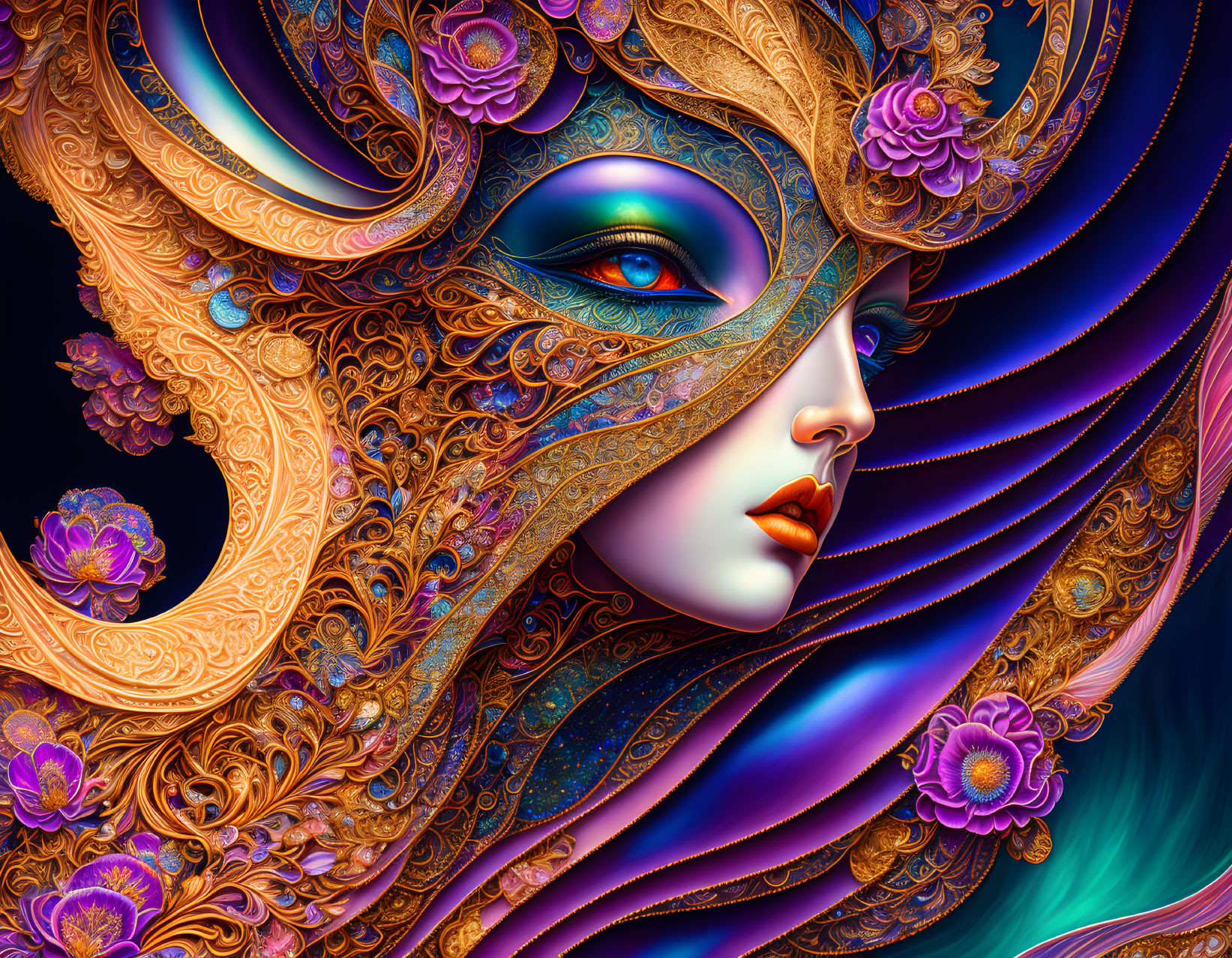 Vibrant digital artwork of woman in floral mask with wavy lines