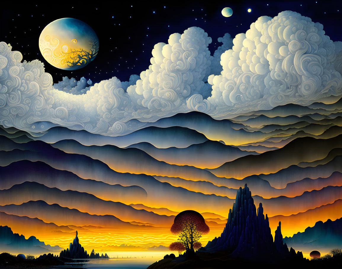 Stylized artwork of layered clouds, starry night sky, glowing tree, planets, and ocean