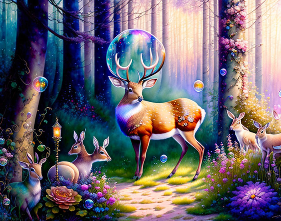 Majestic stag with glowing antlers in magical forest with rabbits and vivid flowers