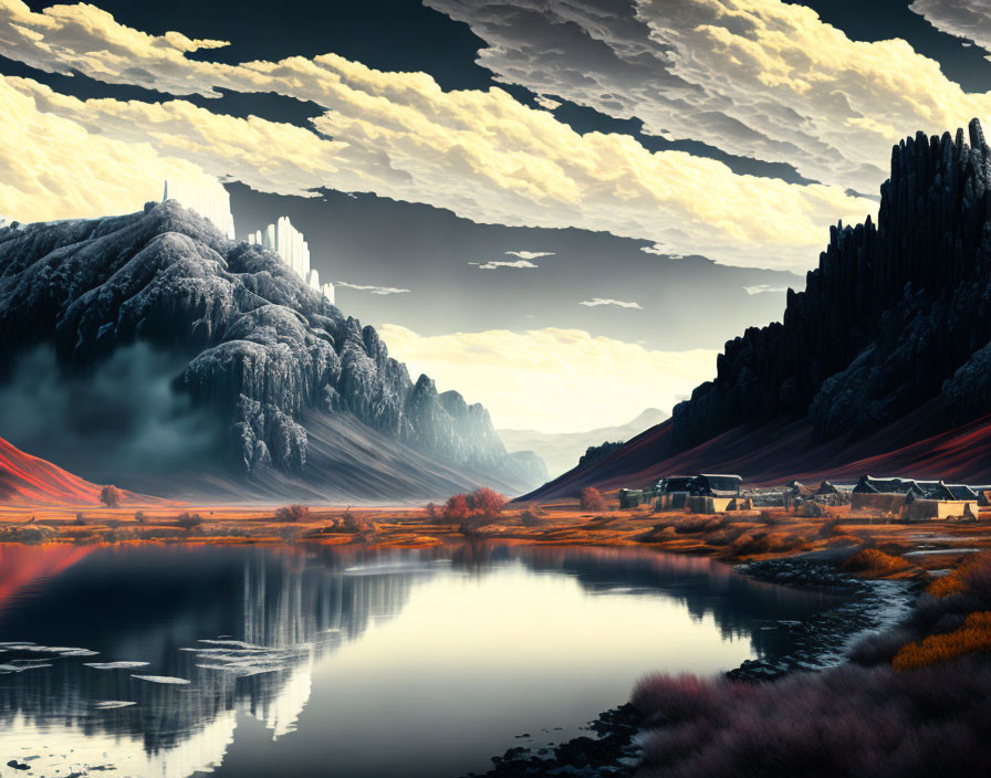 Scenic landscape with reflective lake, vibrant foliage, snow-capped mountains