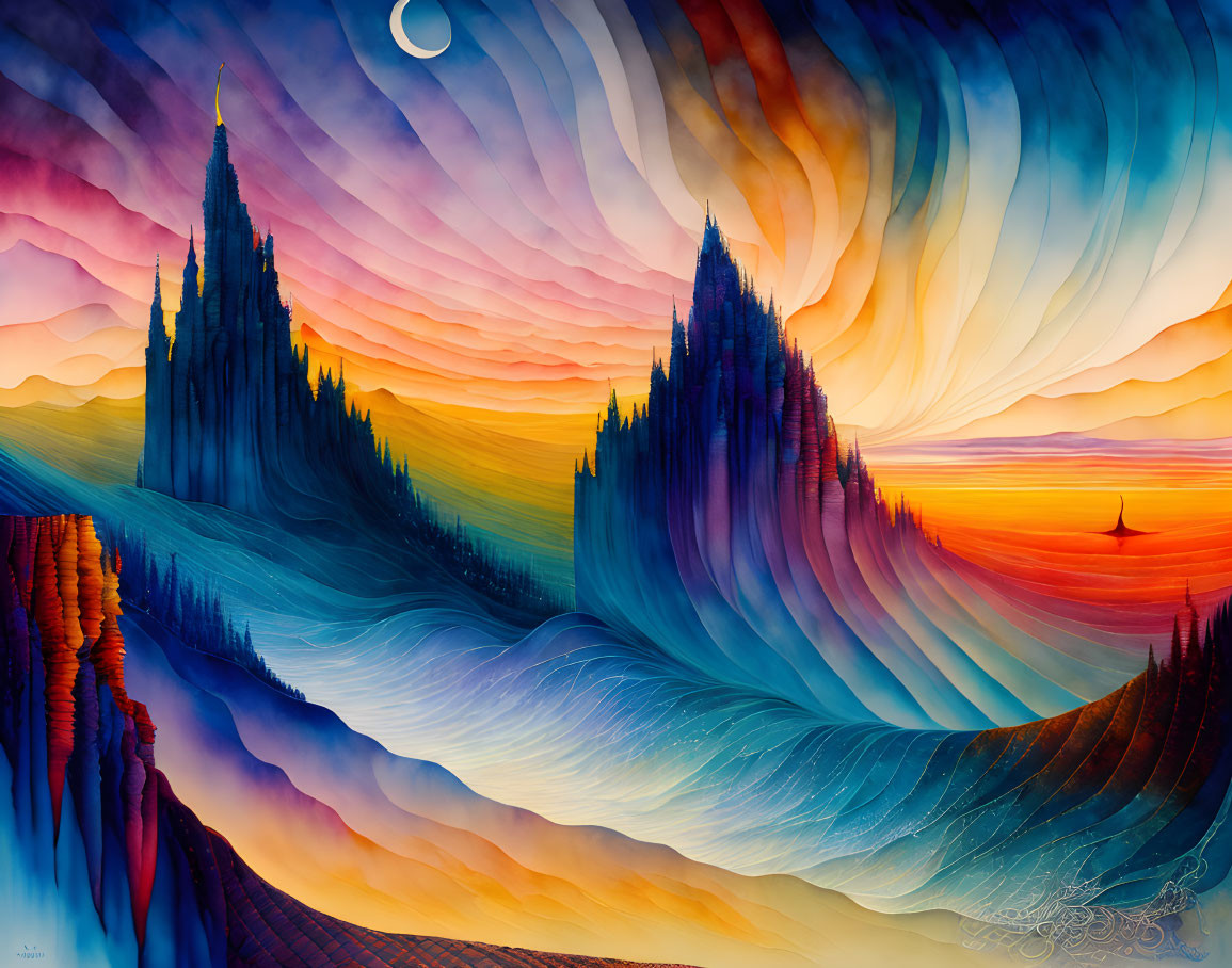 Colorful Surreal Landscape Painting with Spire, Waves, Trees, Boat at Sunset