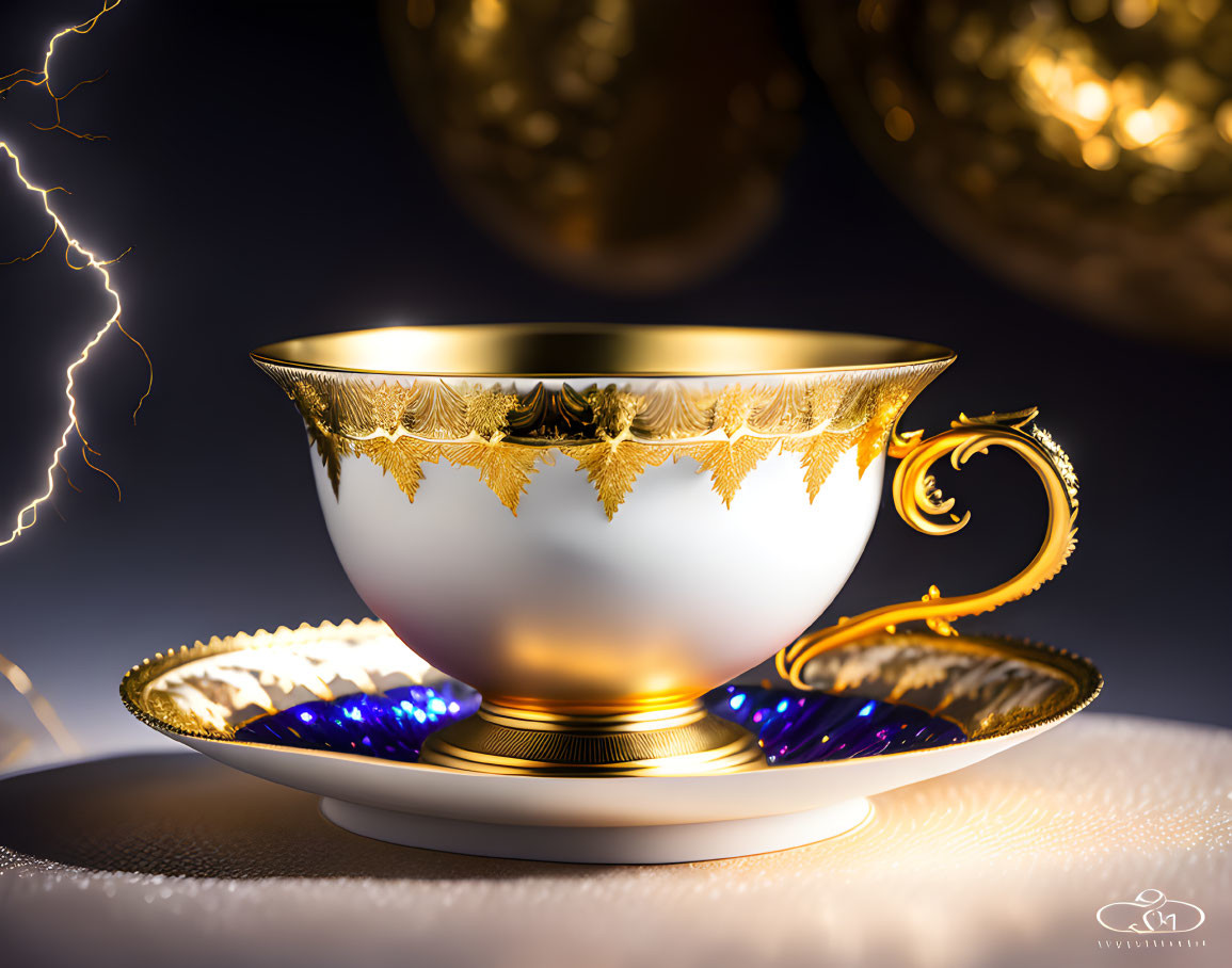 Golden cup and saucer with intricate patterns on blue lights backdrop