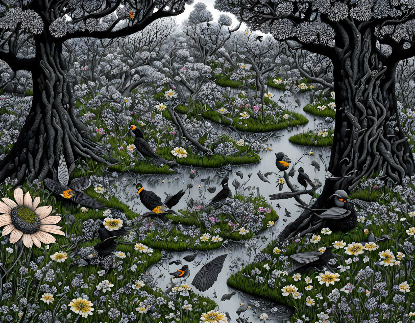 Monochrome illustration of lush forest with birds and blooming flowers