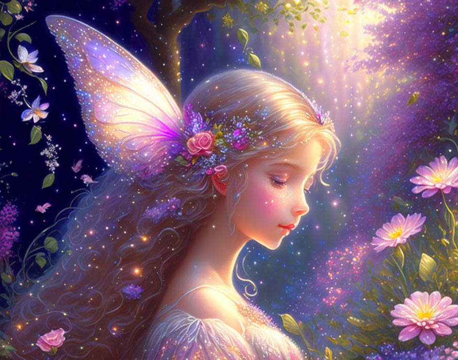 Ethereal fairy with luminescent wings in glowing forest.